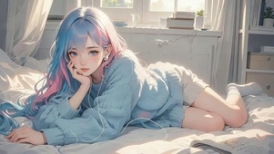 蓝色毛衣女孩  4K