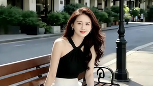 街道旁边坐在长椅上的性感美女