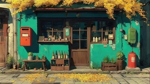 城市金黄落叶静谧商店