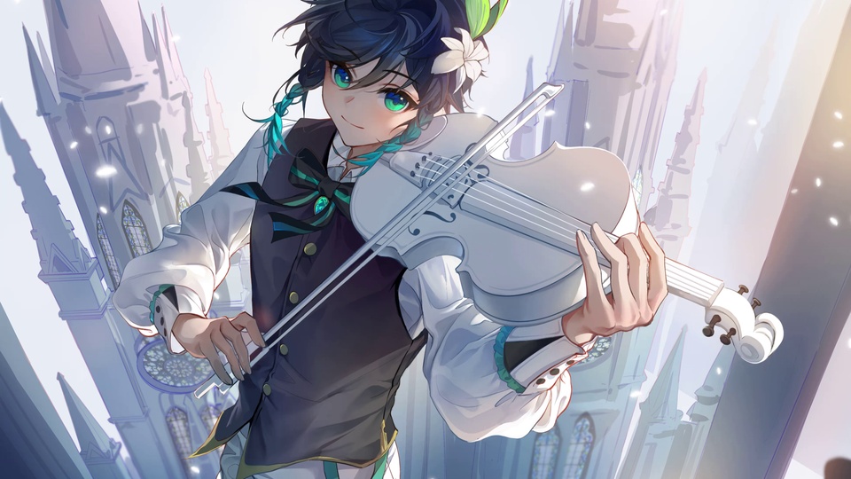 二次元插画，《原神》角色温迪怀抱白色小提琴做出演奏姿态，背景为带有彩窗的哥特尖顶城堡，整体采用浅蓝紫、淡金、白绿配色。