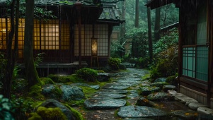 雨天木屋庭院