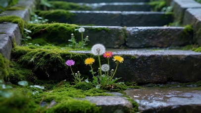 雨天青苔蒲公英