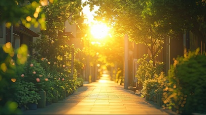 微光落日绿色城市街道