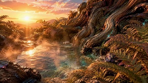 落日暖光林间溪流治愈风景