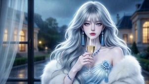 雨夜蓝裙银发高贵美女