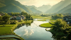 绿色山川溪流河谷村庄