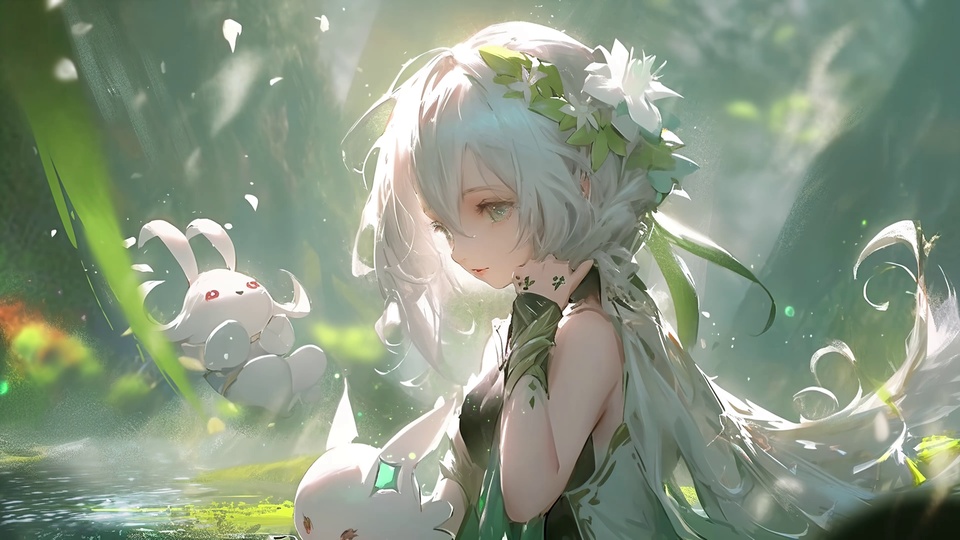 白发花饰少女坐在林间水畔，身侧悬浮白色兔形幻灵，柔光洒落，漂浮细碎花瓣。