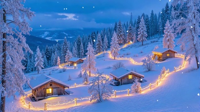 护眼山林雪地里的小木屋