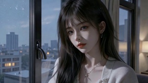 都市窗边暮色少女