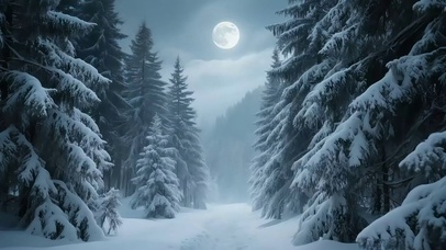 圆月雪原森林夜景