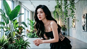 艺术展厅里优雅的性感美女