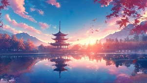 落日枫林古建湖畔