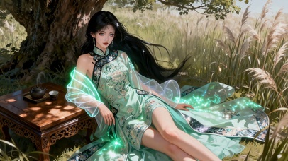 户外闲坐的古风旗袍美女