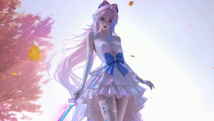 幻彩白裙的樱花树下少女