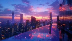 城市繁华天际晚霞夜景