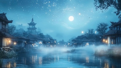 静谧夜空湖畔古城风景