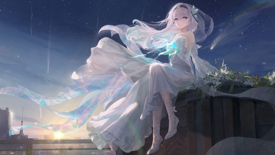 穿白纱长裙的少女坐于天台石栏，身后是星空与日出下的城市远景。