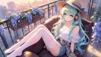 阳台听歌动漫少女
