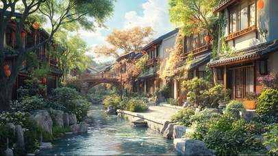古镇绿色夏日溪流建筑