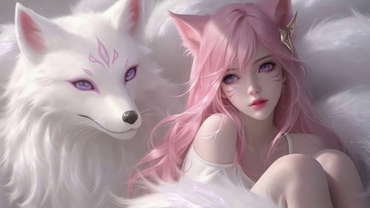 粉发狐耳美少女与白狐
