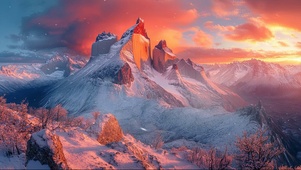 梦幻晚霞雪山风光