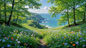 清新花海海岸林间风景