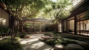 夏日绿色朦胧庭院花园