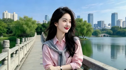 公园石桥处赏景的甜美笑容美女
