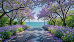 紫花林荫滨海治愈风景