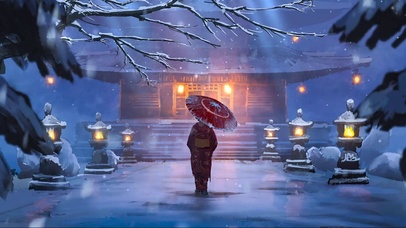 冬季新年和服撑伞少女