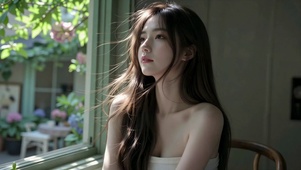 窗边氛围感清纯长发美女