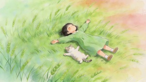 草甸上女孩和她的猫