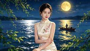春江花月夜岸边的旗袍美女