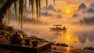 夕阳山水垂钓