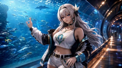 水族馆旁的二次元银发美少女