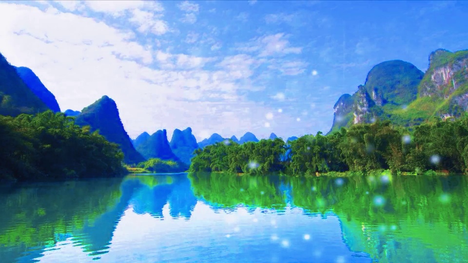 油画质感喀斯特河谷插画，完整水面倒映两侧山体与林木，蓝绿主调，晴空带云絮散焦光斑。