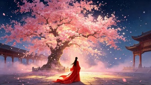 红裙女子古院赏樱夜景