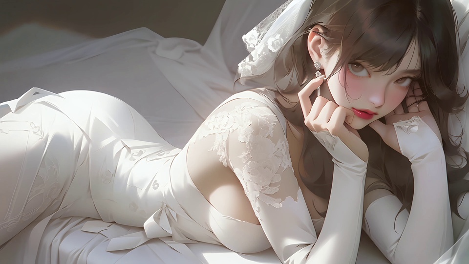 穿白色蕾丝婚纱的二次元少女侧卧床面，双手轻靠脸颊
