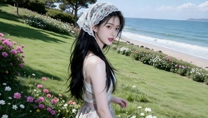 海边绿野花丛中头戴纱巾的美女