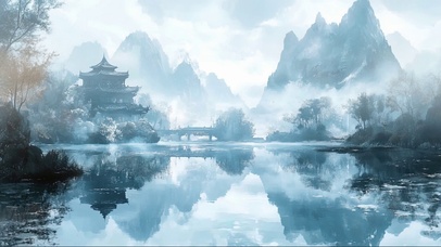 阴天国风山水古城倒影