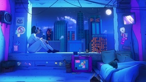 月下听音乐的少女