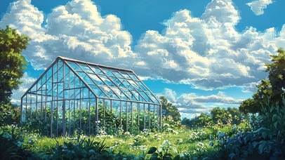 蓝天白云山坡玻璃小屋