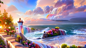 大海与瀑布蓝色海水