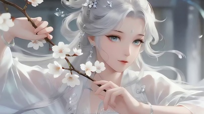 飘带白发女神抱花枝