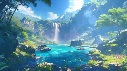 蓝天高山湖泊瀑布