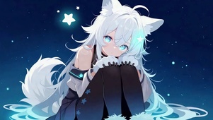 星空下的白毛狐耳少女