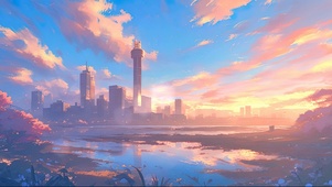 落日晚霞鲜花湖泊