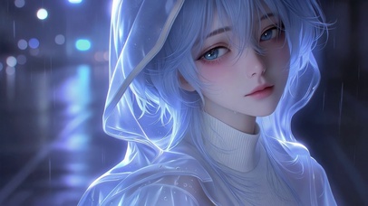 雨夜霓虹下的蓝发少女