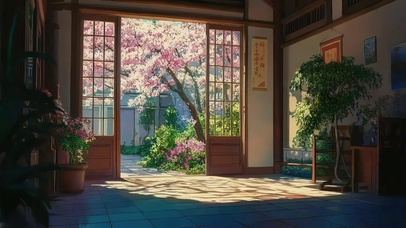 静谧傍晚粉樱院落落日