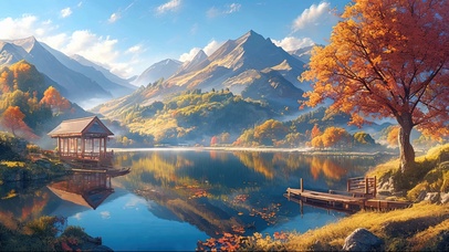 秋日枫林湖畔小屋